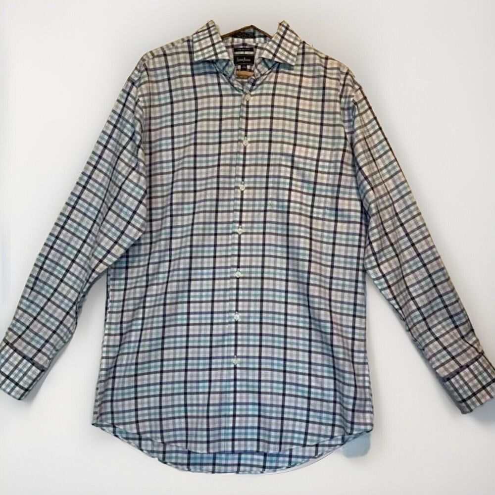 Neiman Marcus Mens Large Blue Plaid Trim Fit Cotton Button Up Shirt 16.5 34/35